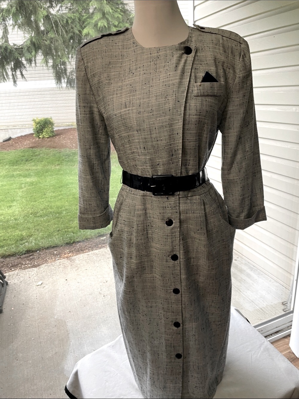 Women’s EUC VINTAGE MADE IN USA PERIWINKLE Sz 10 MIDI Tweed Dress Blk Accents - Picture 2 of 15